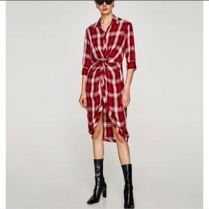 Zara Premium Denim Red Plaid Knot Tie Button Down Dress XL